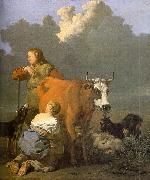 Karel Dujardin Woman Milking a Red Cow oil
